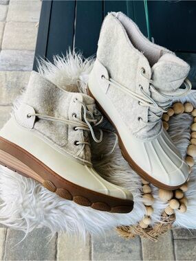 Cozy Cream Duck Boots with Brown Sole